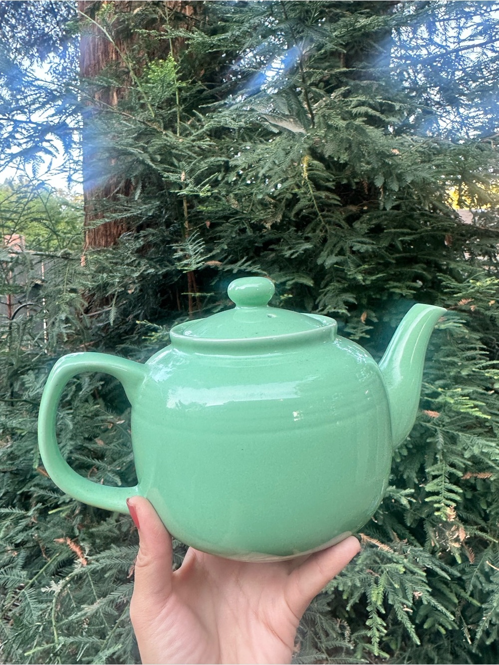 classic ceramic teapot in a seafoam green glaze,